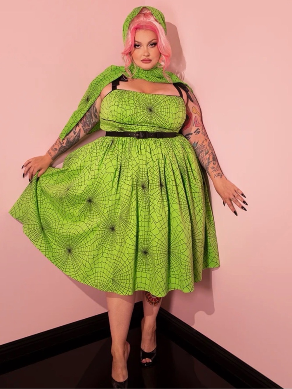 Vixen by Micheline Pitt Neon Green Strapless Web-Print Dress